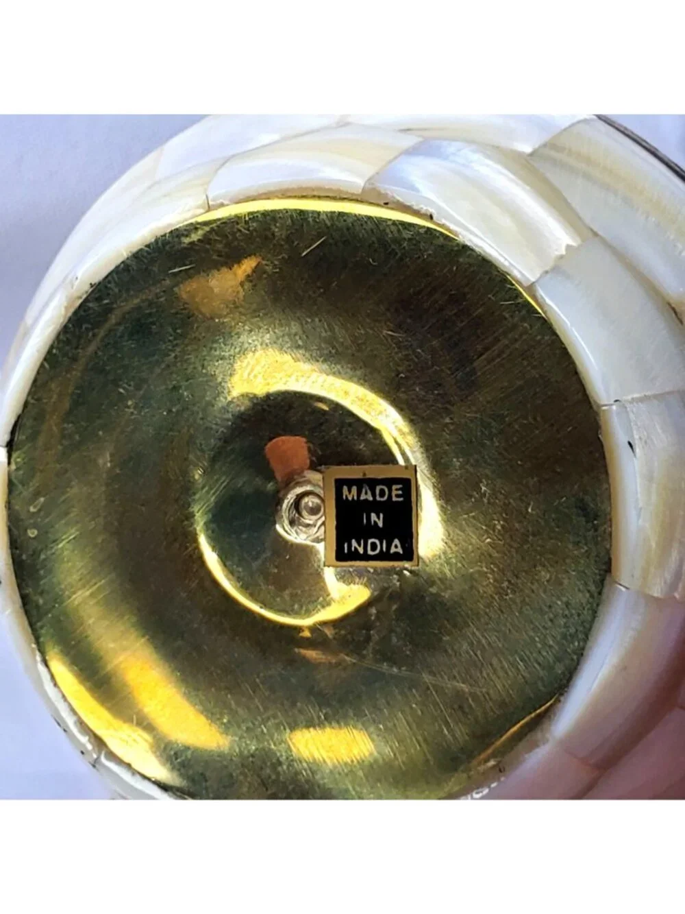 Mother Of Pearl and Brass Decorative Apple Trinket Box Lid And Leaf Accent